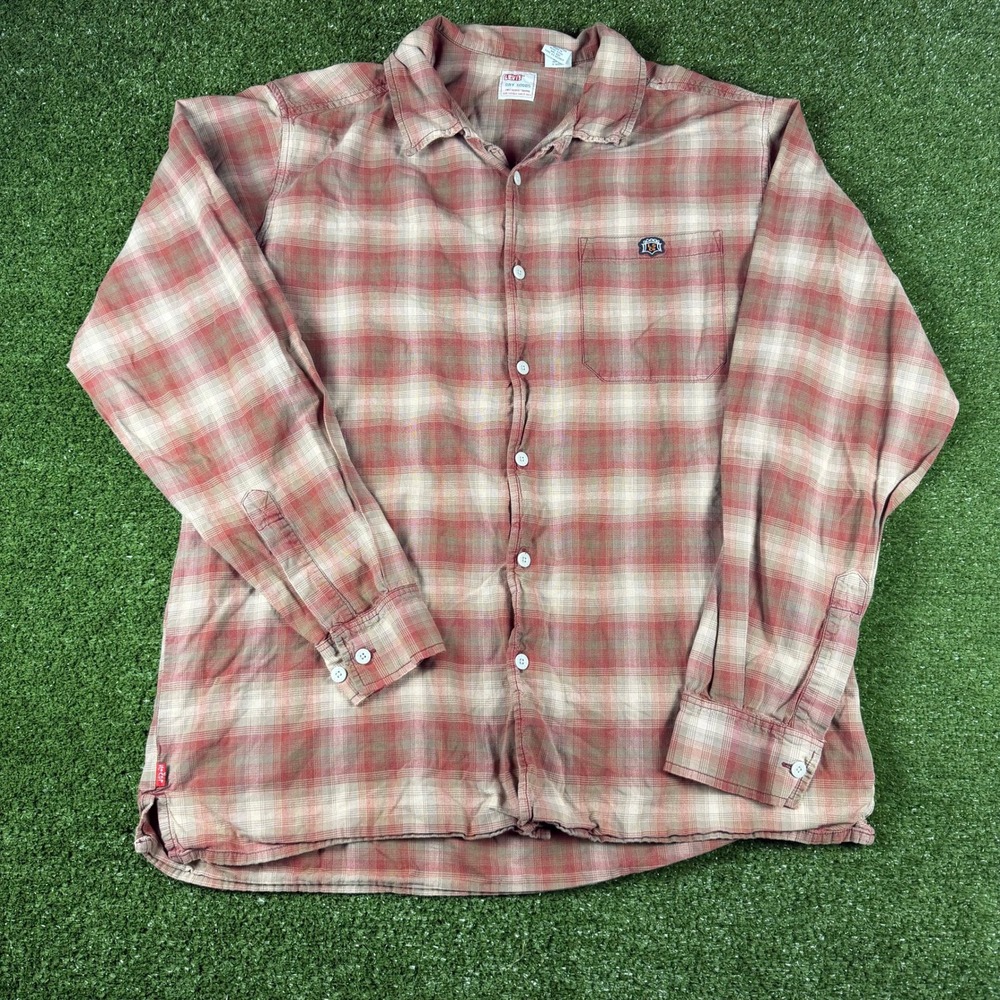 Levis Dry Goods Mens Large Red Plaid Button Down Shirt Long Sleeve Cotton LS Co